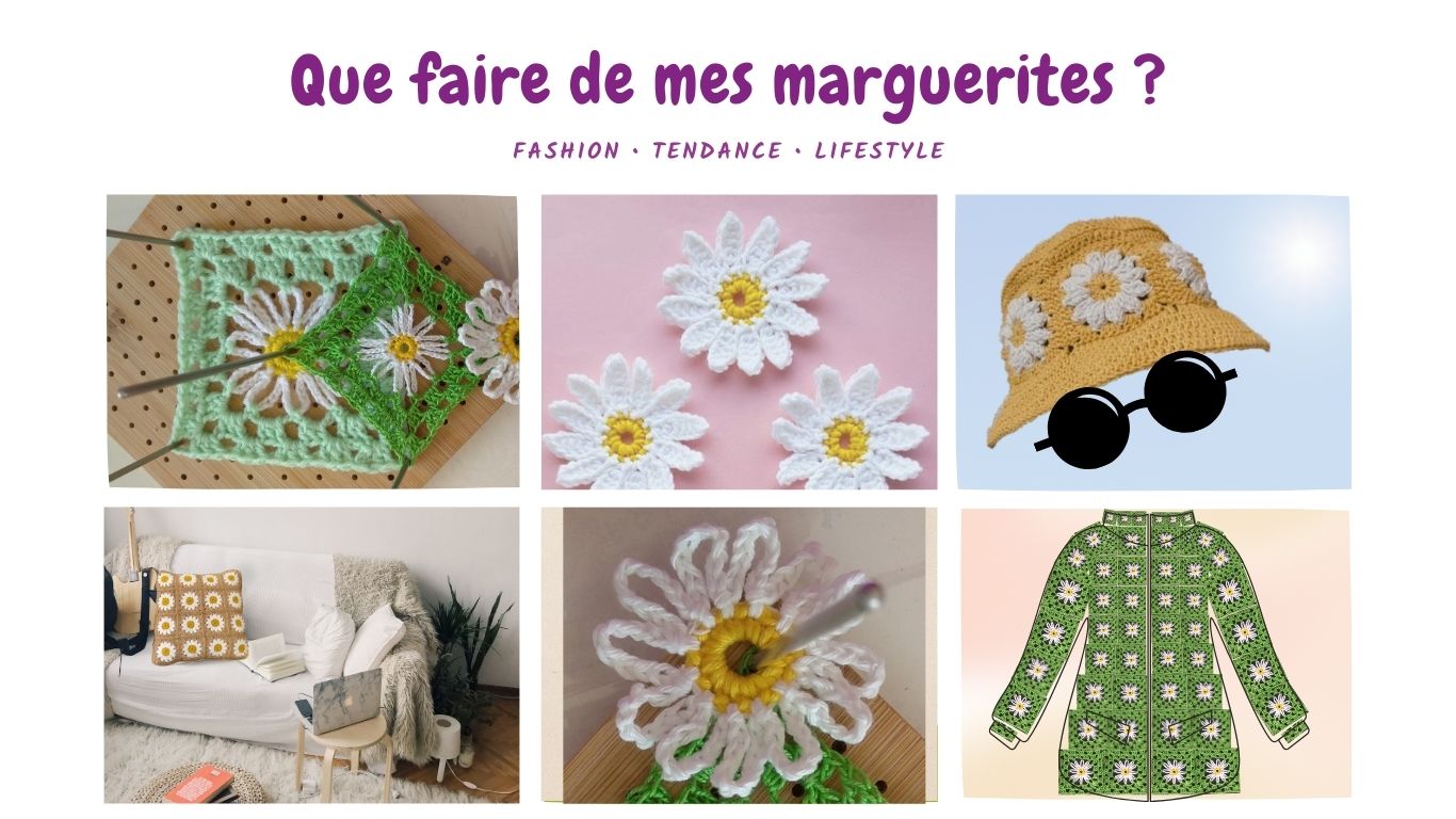 3 photos de mes marguerites et 3 exemples d'utilisation (bob, coussin, veste)